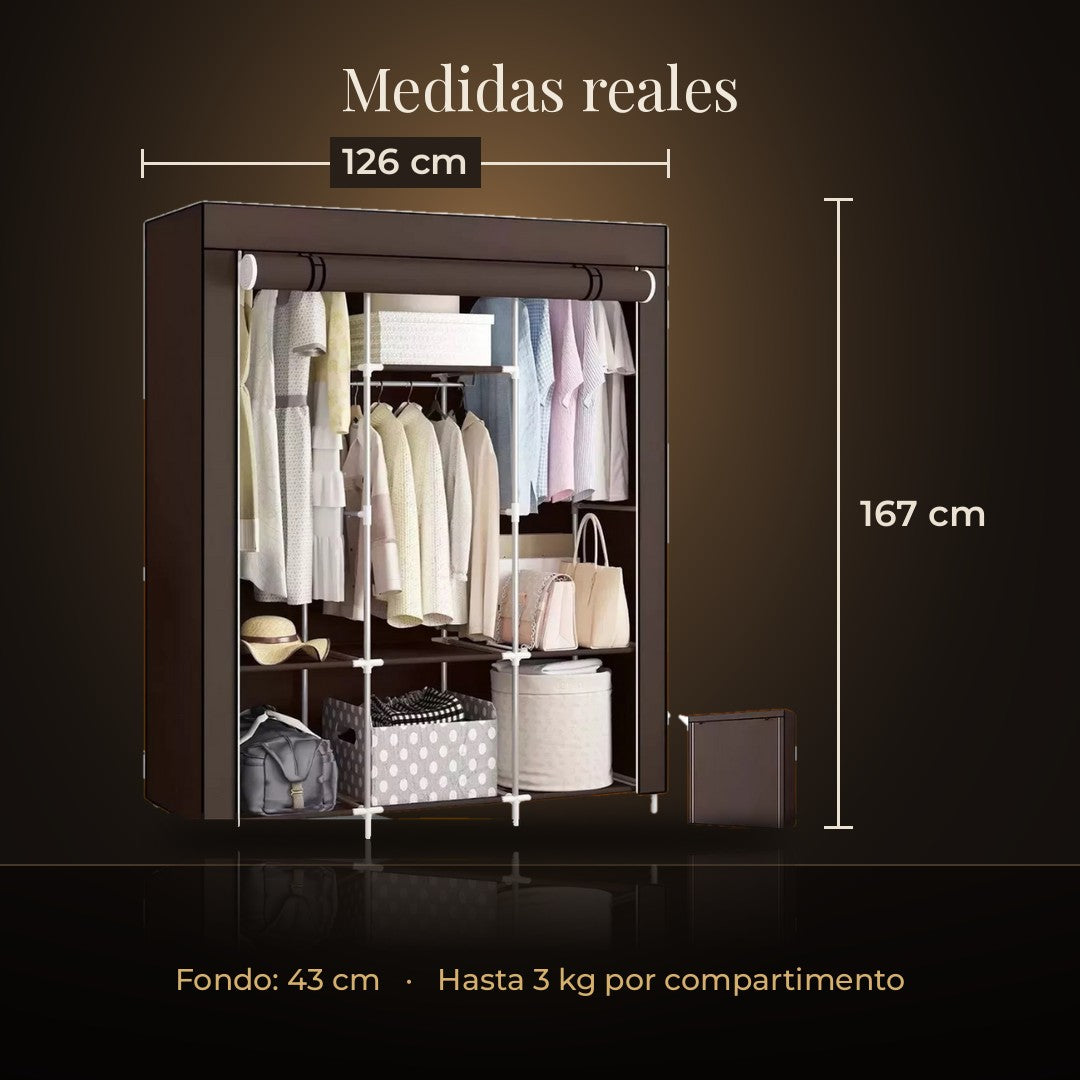 Medidas del closet de tela: 126 cm de ancho, 167 cm de alto y 43 cm de fondo